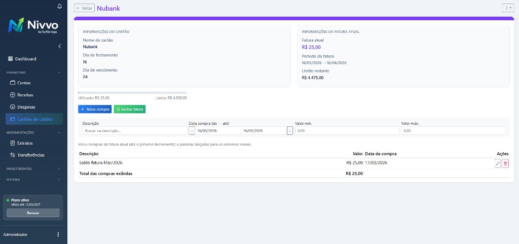 Gestão de cartão de crédito no Nivvo