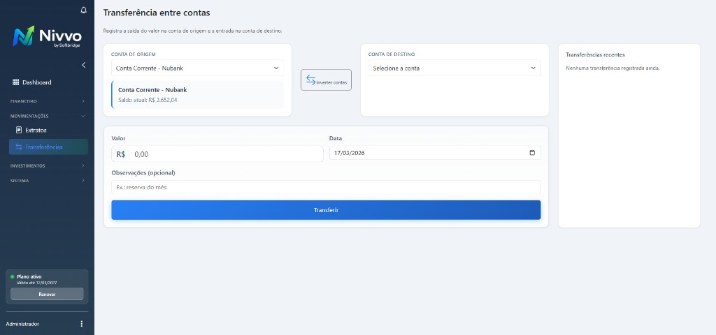 Cadastro de contas e transferências entre contas no Nivvo