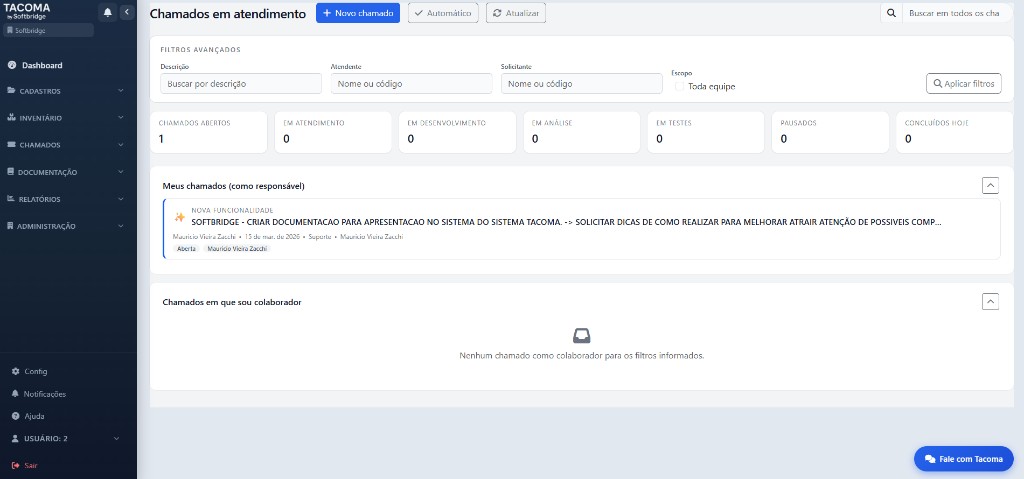 Dashboard de chamados do Tacoma